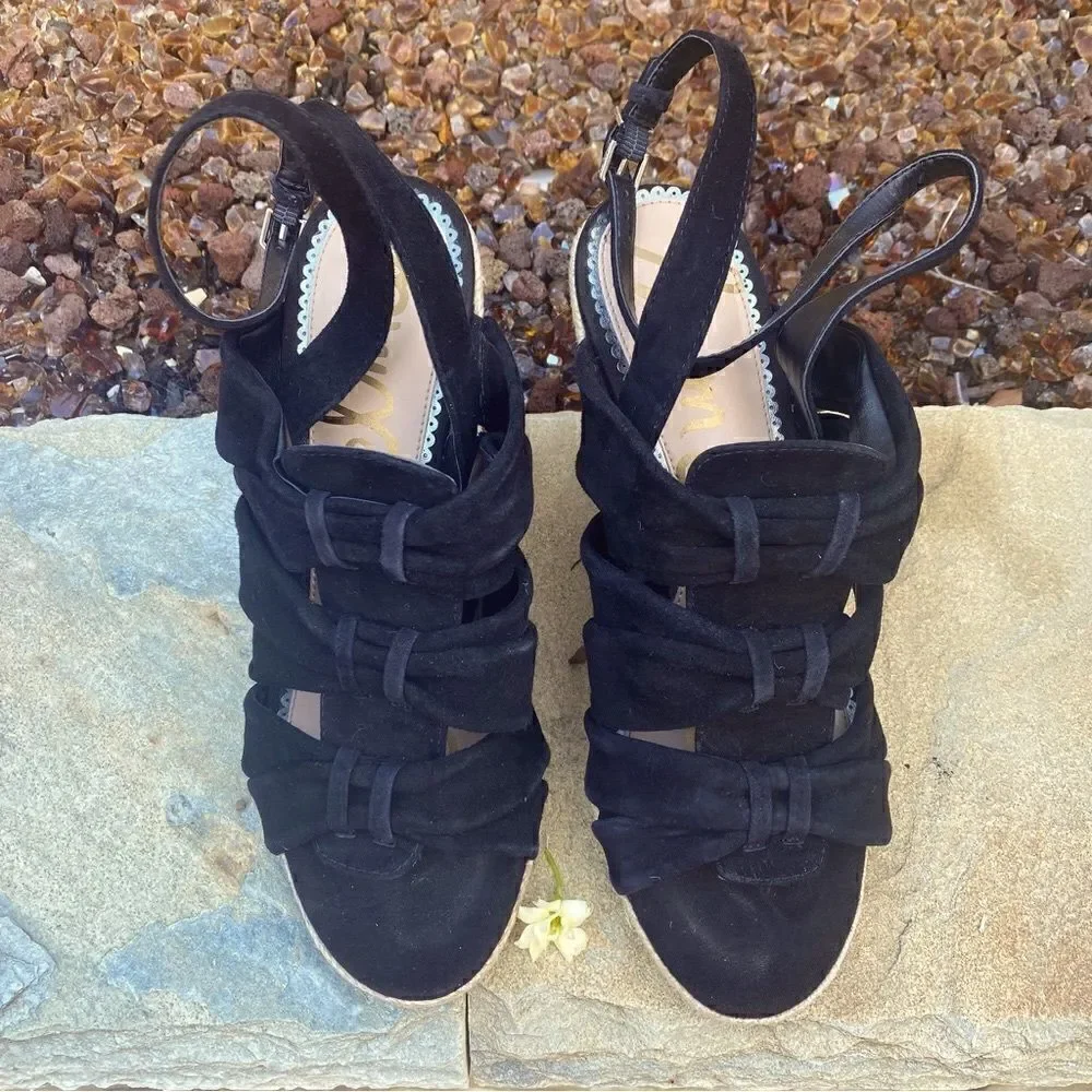 Sam Edelman Awan Black Suede Espadrille Wedge Slingback Sandals Size 9 EUC!